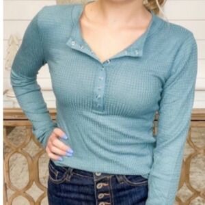 WHOLESALE lot of 7 ZENANA Womens Dusty Teal Waffle Long Sleeve Henley S M L XL
